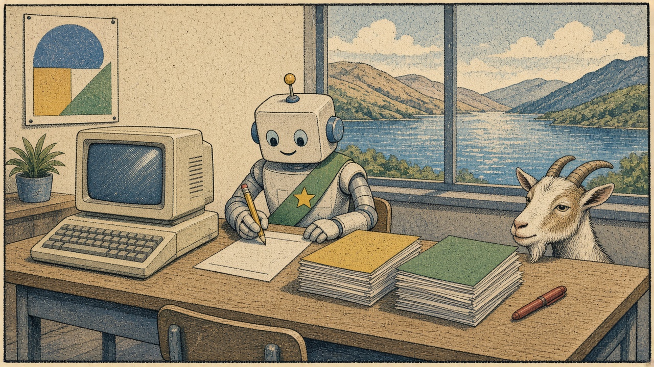 Cartoon robot wearing a hall monitor sash reads stacks of council paperwork at a school desk, with a goat and a lake view in the window